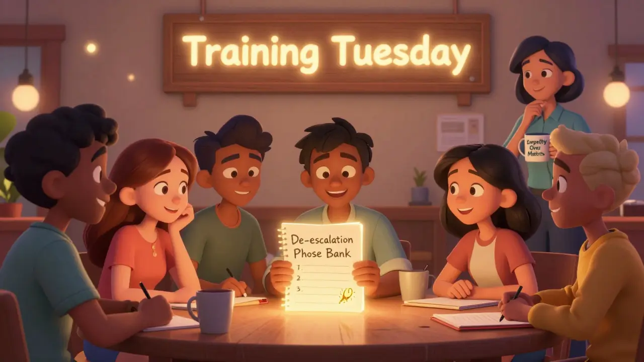 Team in a circle sharing tips from a glowing phrase book under a 'Training Tuesday' sign.