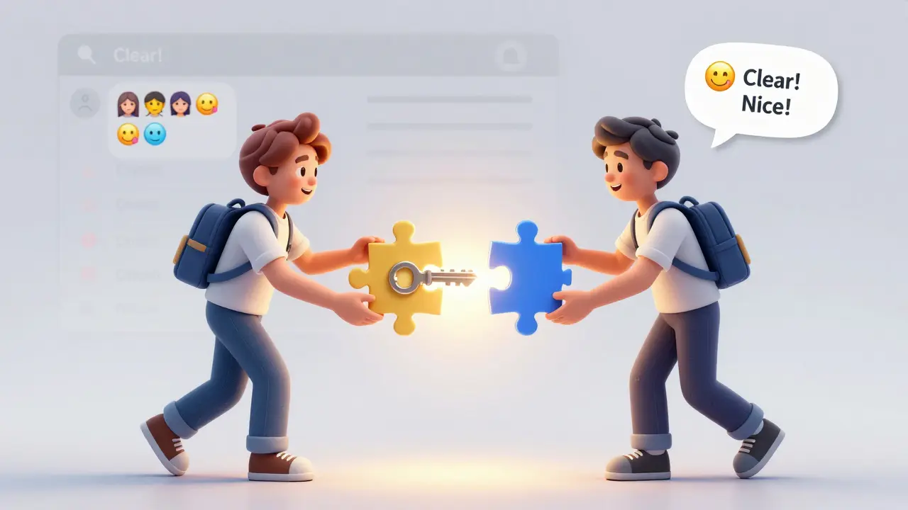 Two learners solving a digital puzzle together, connected by light, with feedback emojis floating nearby.