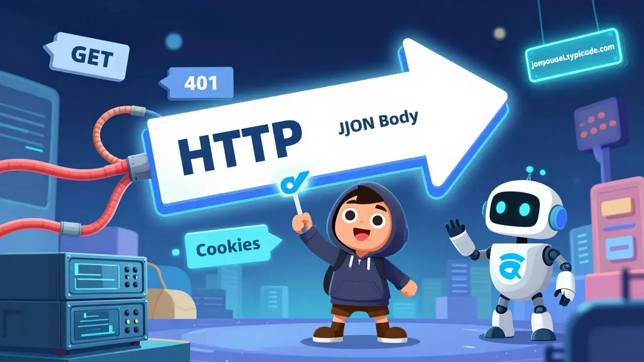 A character explaining HTTP headers and status codes to a robot using Postman as a wand.