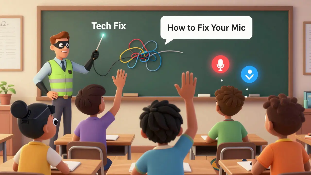 A classroom producer uses a magic wand to fix student tech issues like a microphone and camera while sending helpful video tutorials.