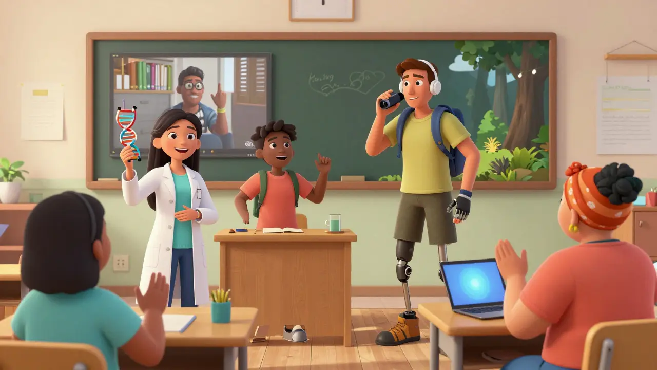 A classroom scene featuring learners of different abilities and backgrounds actively engaging with science and technology in vivid, DreamWorks-style animation.