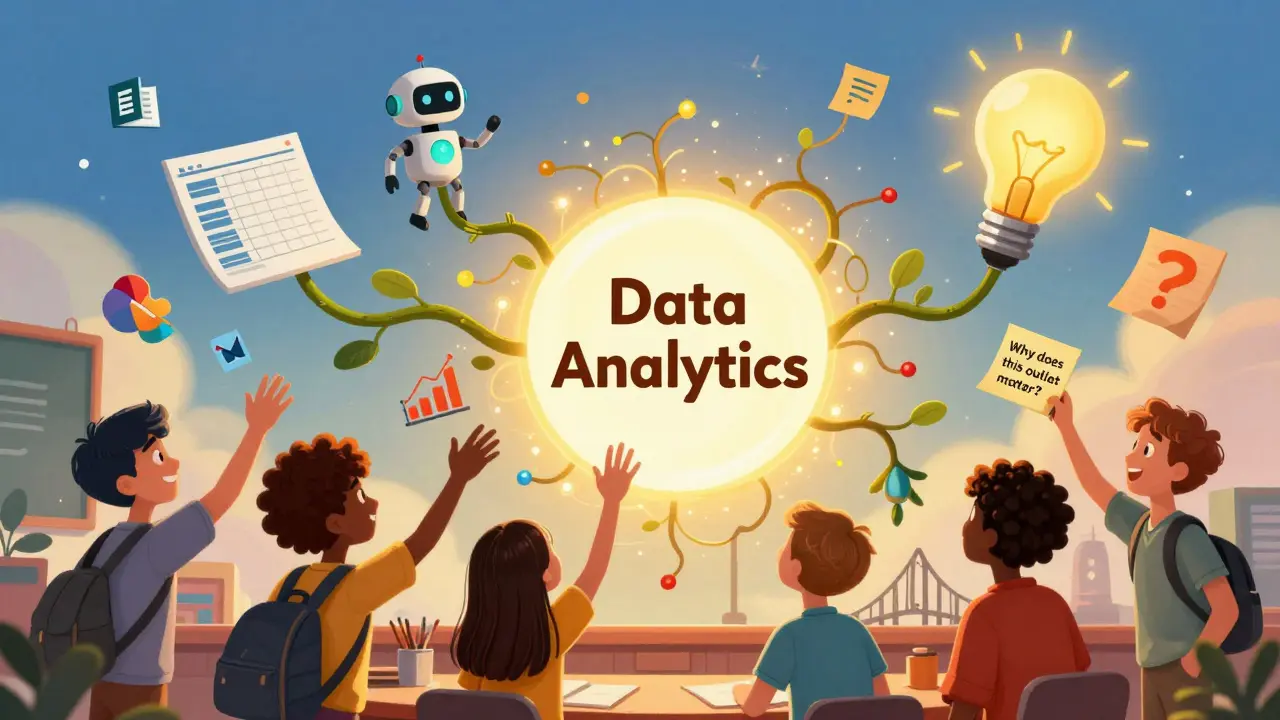 A colorful concept map with branching ideas turning into real-world objects and learners connecting them.