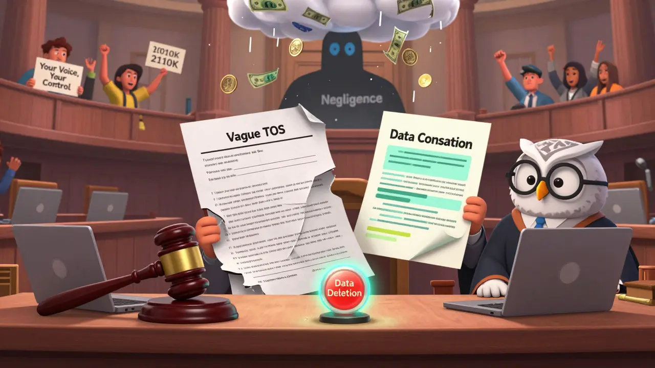 A courtroom scene in a library where a new consent form replaces a broken one, with fines raining down on negligence.