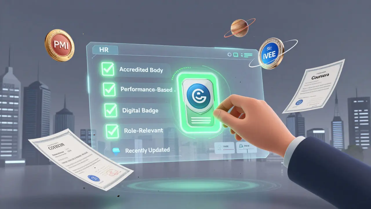 A digital HR dashboard with five checkmarks lighting up as a verified blockchain badge is placed in the center.