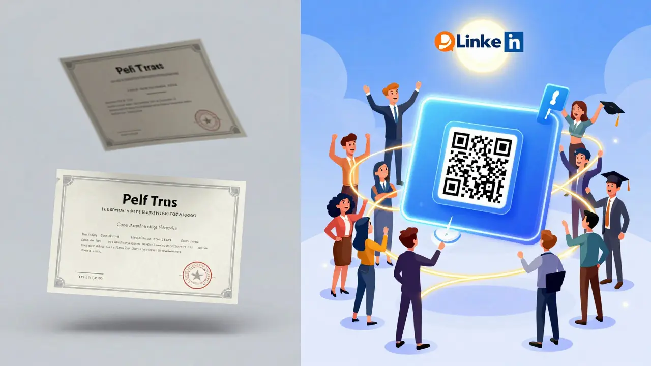A dull PDF blowing away vs. a glowing digital credential being uploaded to LinkedIn, with cheering characters around it.
