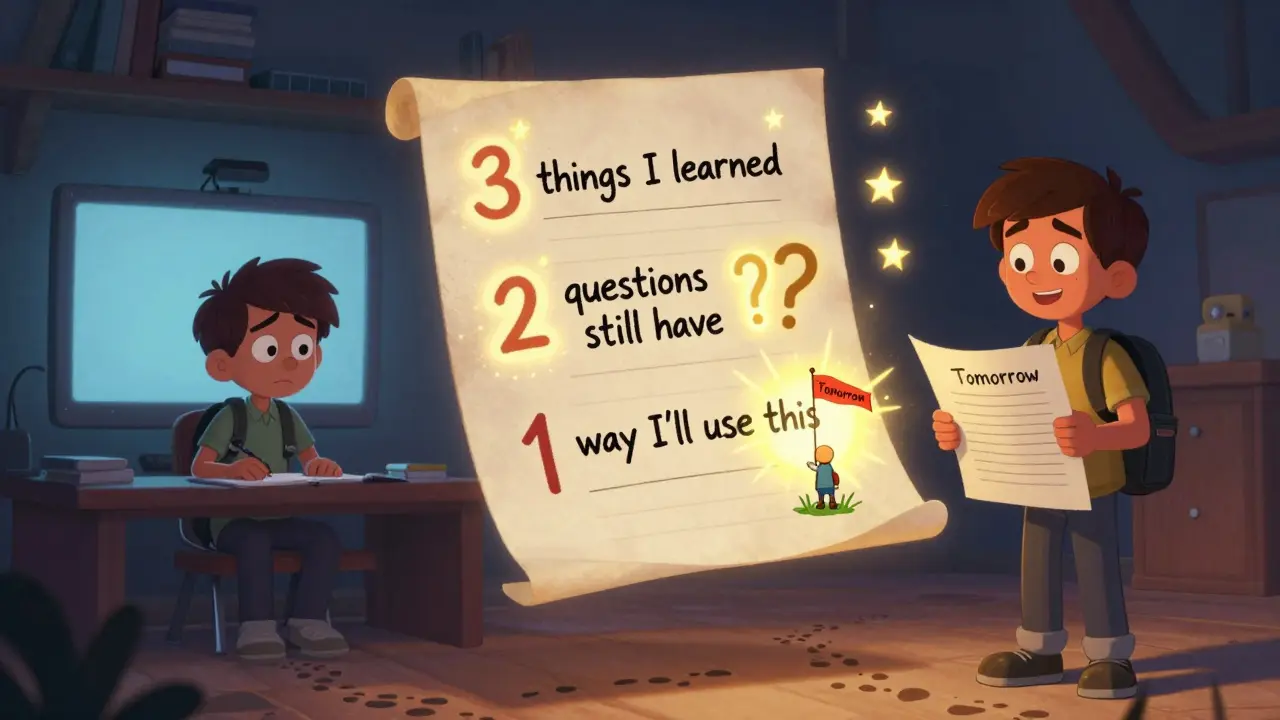 A glowing 3-2-1 worksheet filling itself with animated text as a learner transforms from confused to confident.