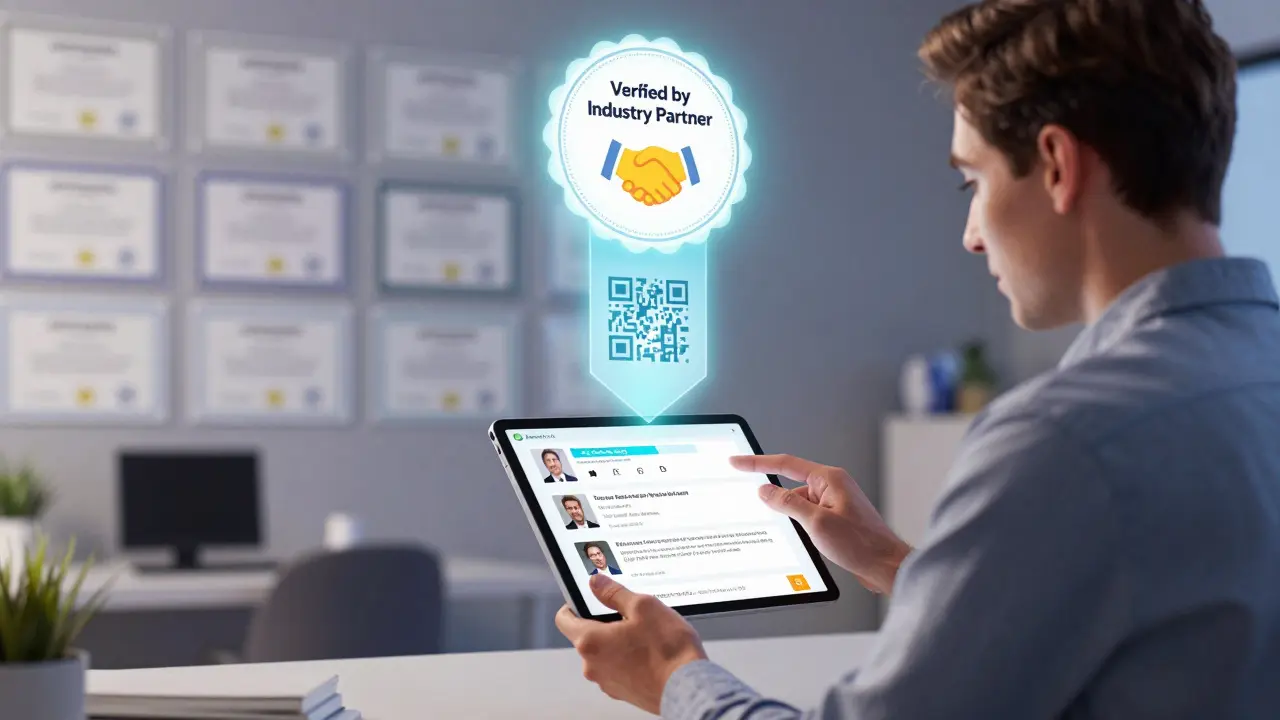 A hiring manager views a verified digital badge with rubric and reviewer feedback.