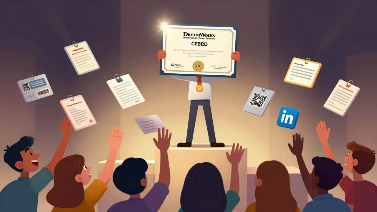 A learner on a certificate podium holding a shimmering credential as job offers and LinkedIn notifications float around them.