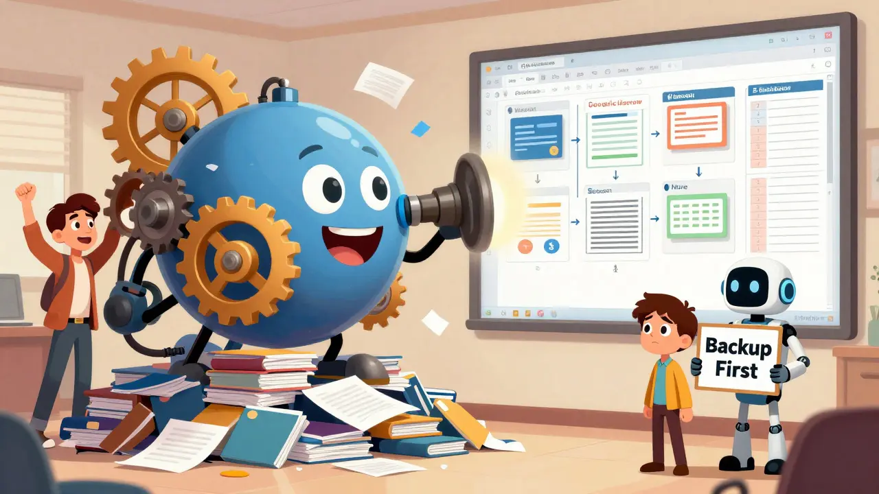 A powerful Moodle machine converts mixed course files into structured lessons with help from a friendly robot assistant.