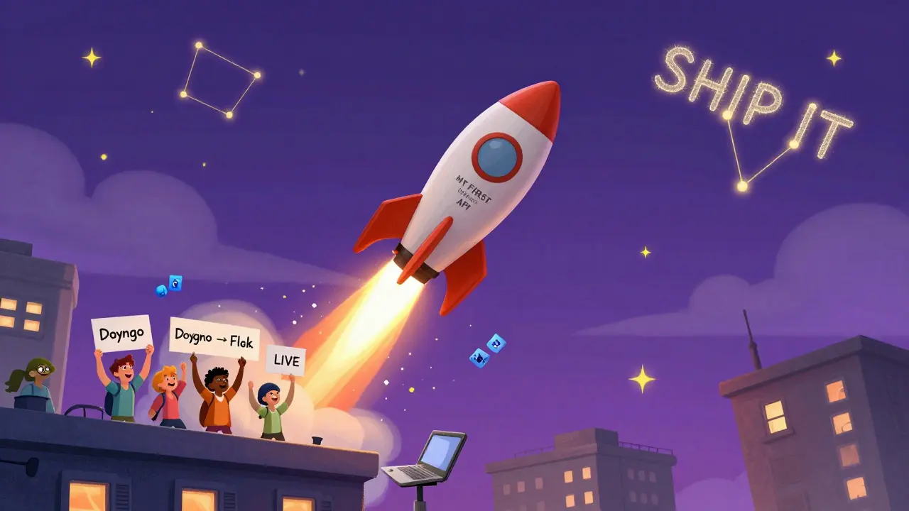 A rocket launching from a laptop into space, carrying Git commits and database icons.