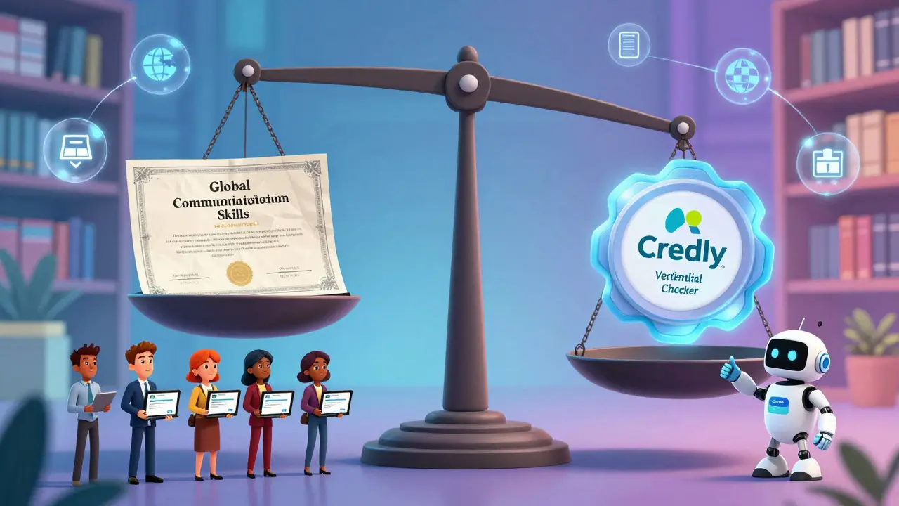 A scale balancing a crumpled certificate against a glowing digital badge, with employers nodding in approval.