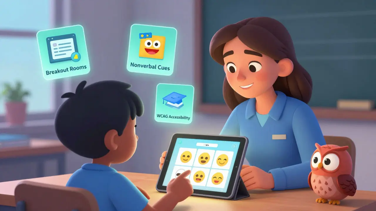 A special education teacher helps a student with autism using visual digital cues, with learning modules floating nearby in a calm environment.