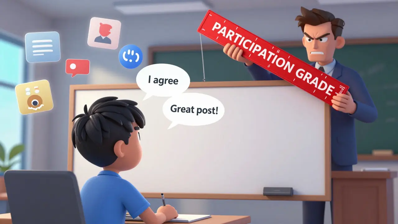 A student facing a blank discussion board while an instructor monitors declining participation scores.