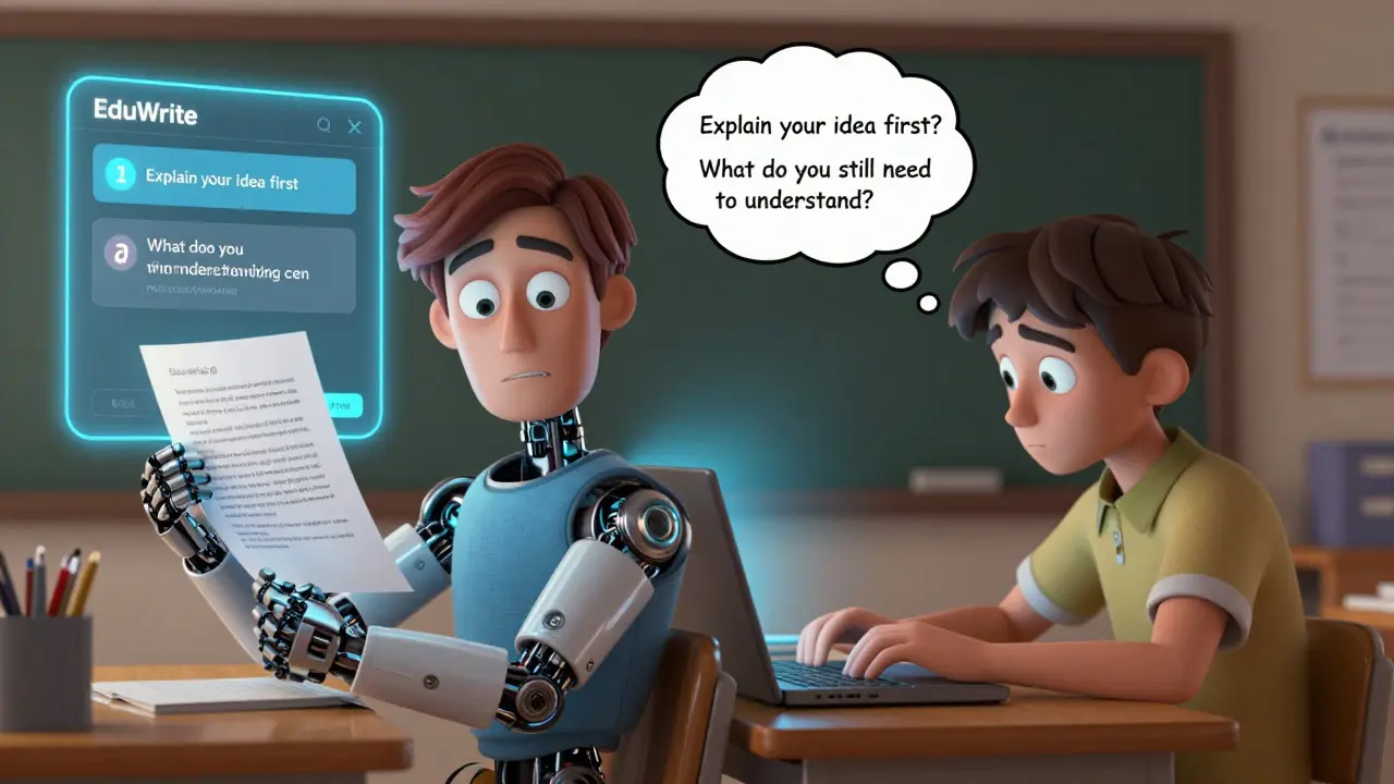 A student splits between AI-generated text and thoughtful revision, guided by an educational AI interface with reflection prompts.