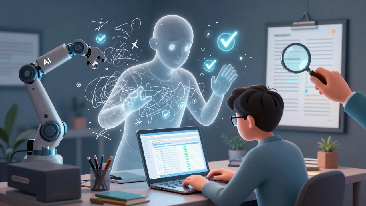 A student transforms a messy spreadsheet into a polished report with AI and human review visible.