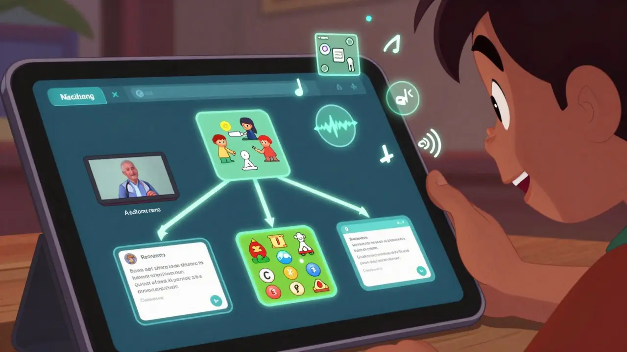 A tablet screen showing adaptive learning paths branching into videos, games, and reviews after a missed question.