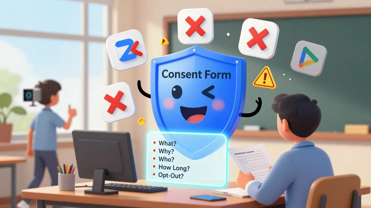 A teacher blocks hidden data trackers with a clear consent form checklist, surrounded by educational tech icons.