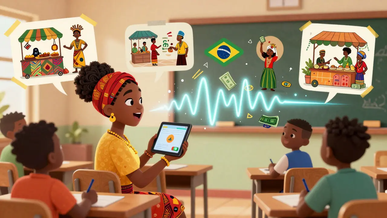 A teacher in Nigeria shares a story via tablet, while learners from different countries contribute their real-life examples through animated illustrations.