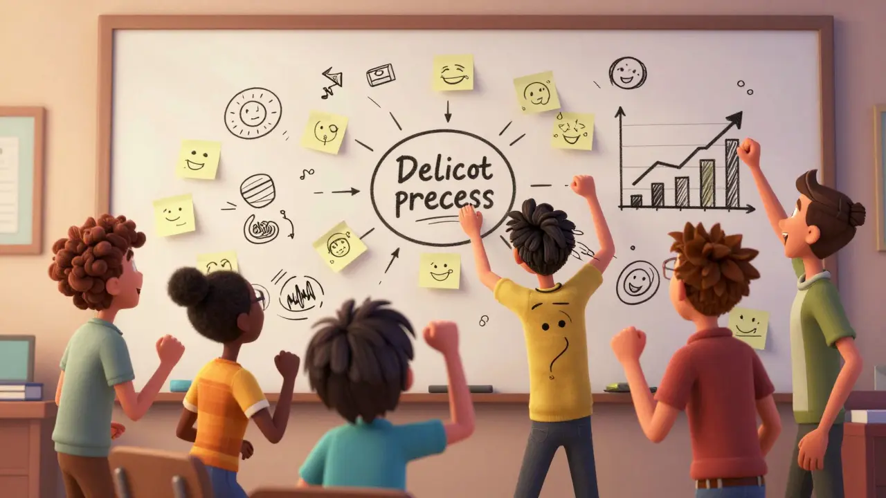 A team gathers around a whiteboard, celebrating as one member teaches others a new process.