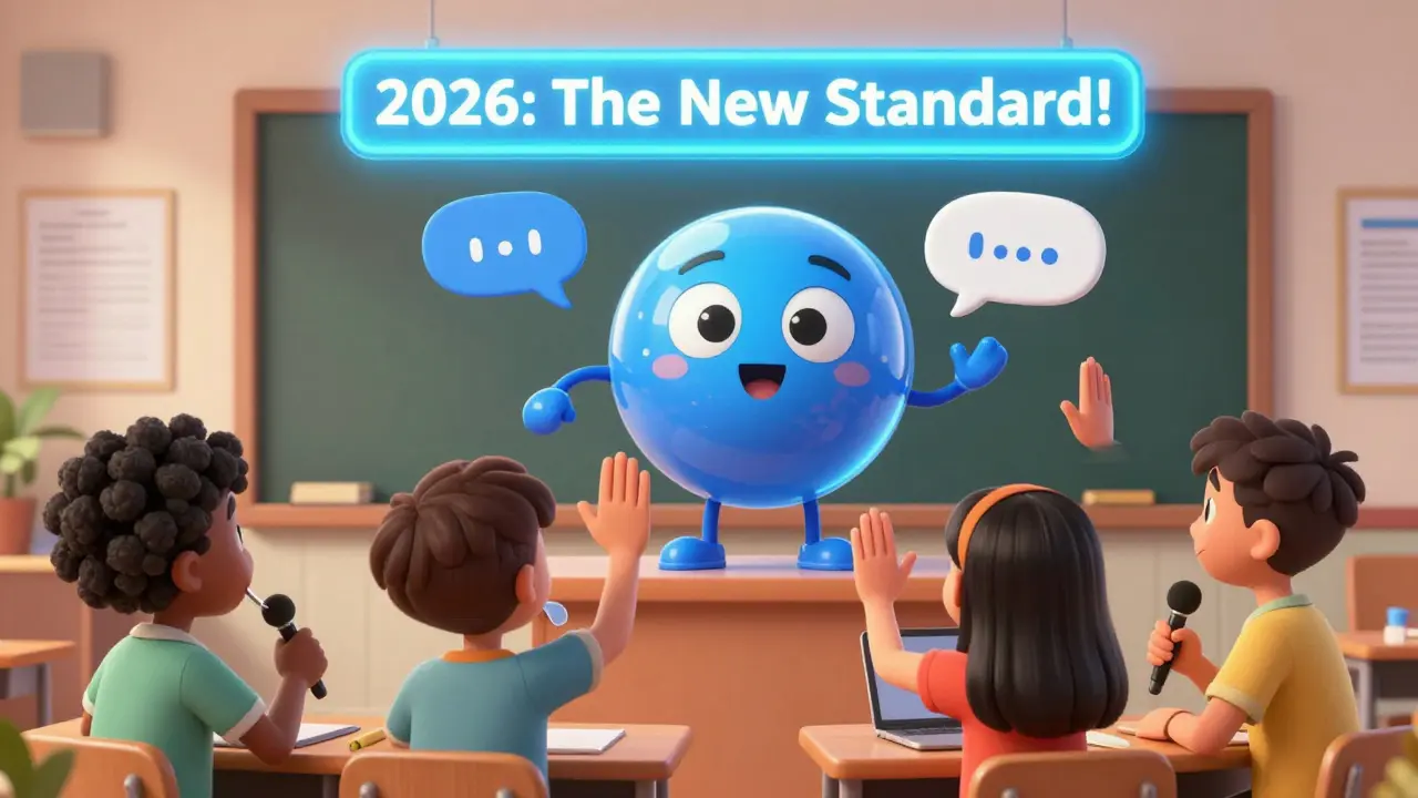 A whimsical AI coach gives high-fives to learners as one uses a spoon to practice tongue placement, all in a vibrant cartoon classroom.