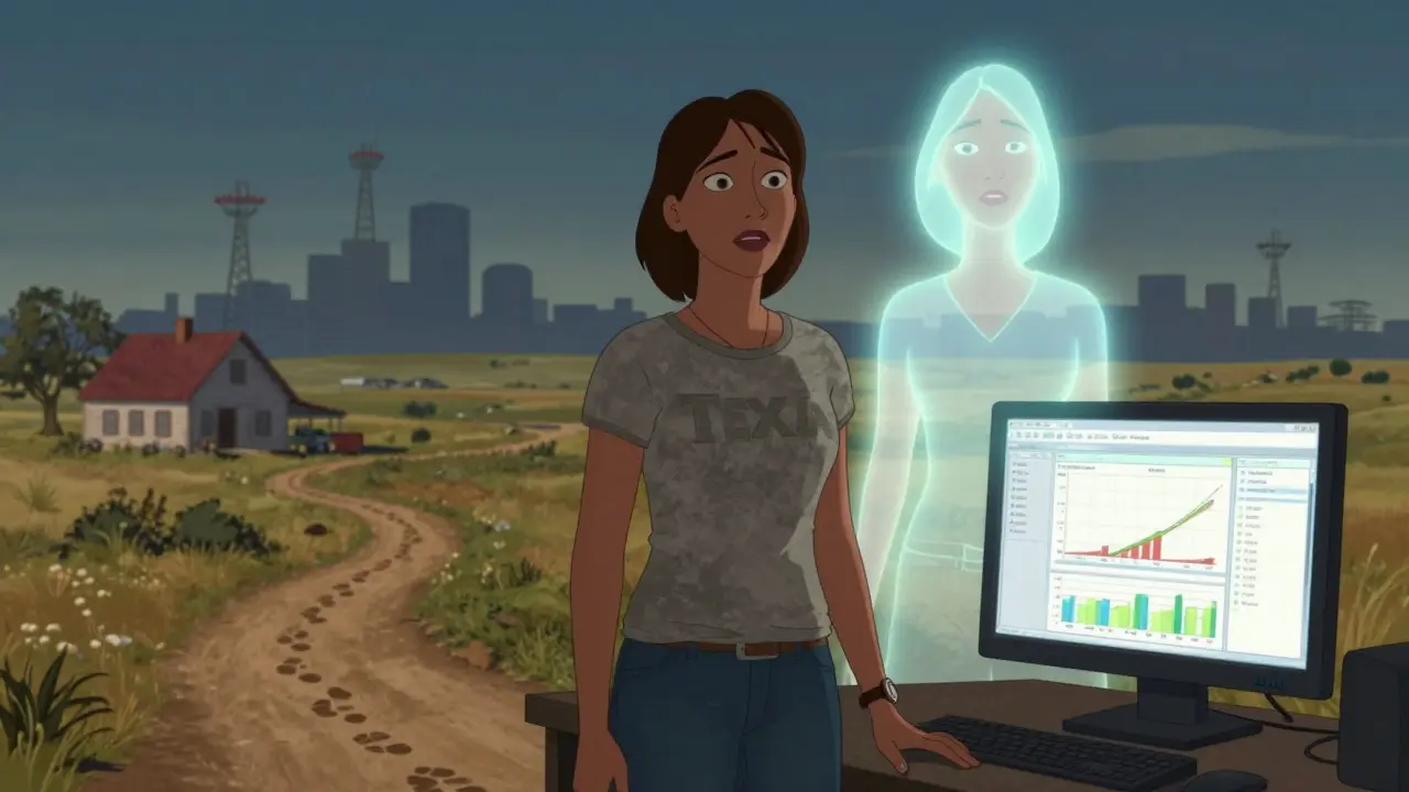 A woman from rural Texas sees an inspirational figure of someone like her on a data screen, symbolizing possibility and belonging.