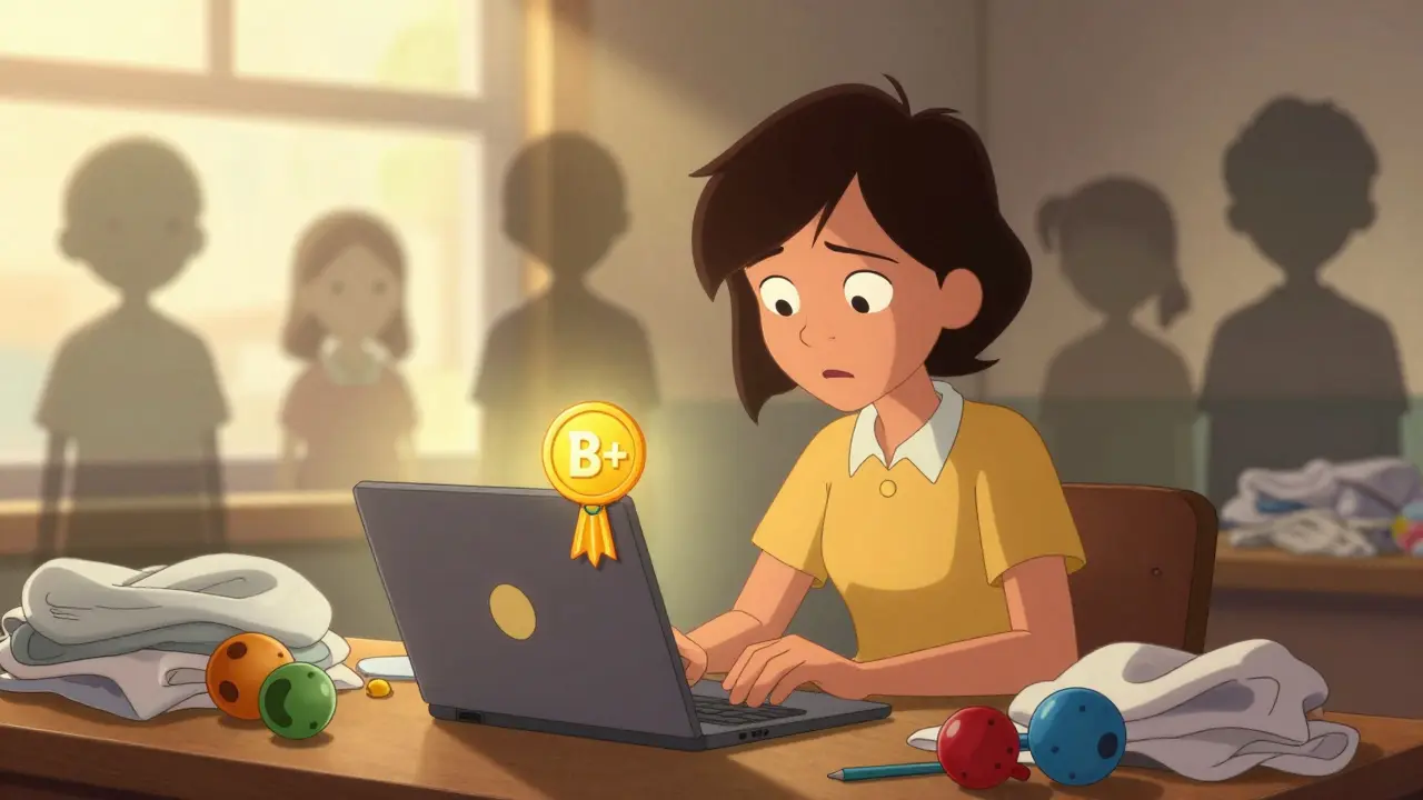 A working mother posting a thoughtful comment as a grade improves, with family life in the background.