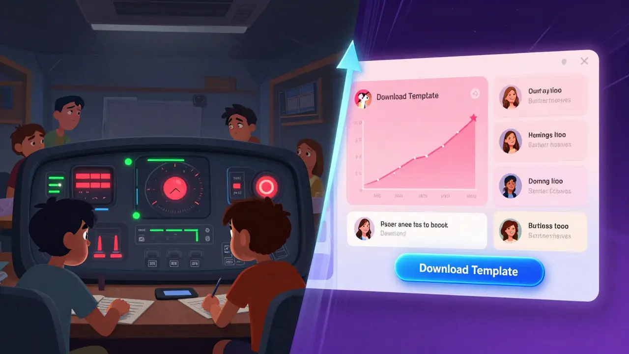 Before-and-after course transformation: dull low-completion vs. vibrant high-engagement dashboard.