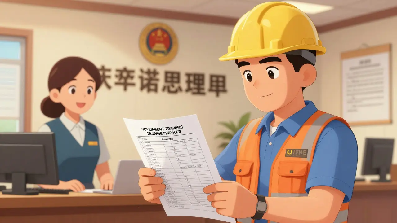 Construction worker verifying training provider at state licensing office.