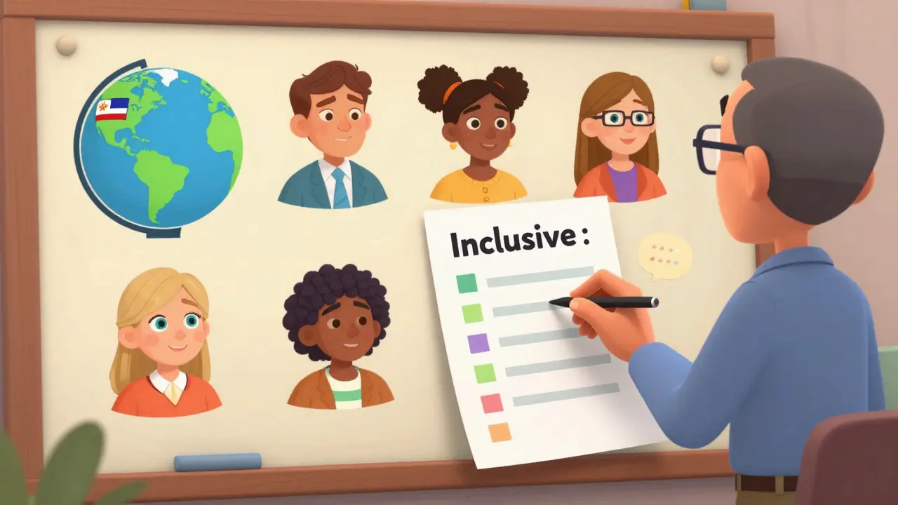 Educator reviewing course materials with checklist icons for examples, authorship, and language.