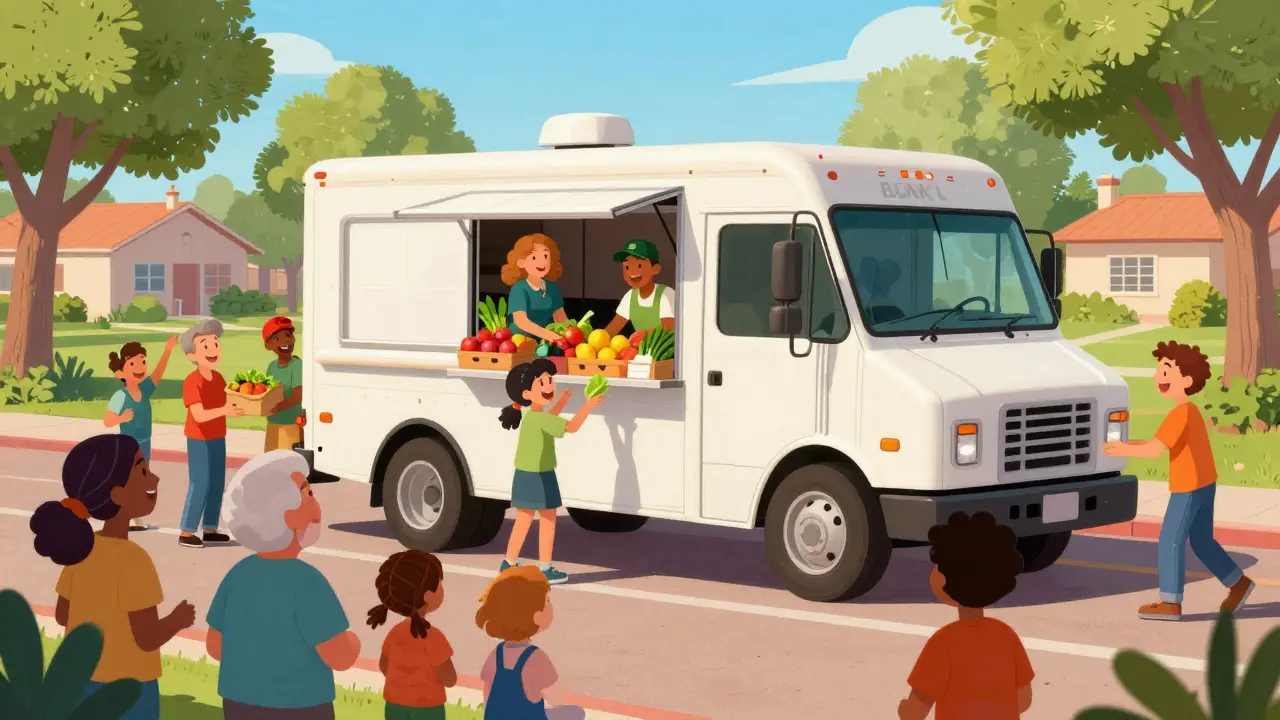 Food bank truck delivering fresh produce to community for diabetes prevention