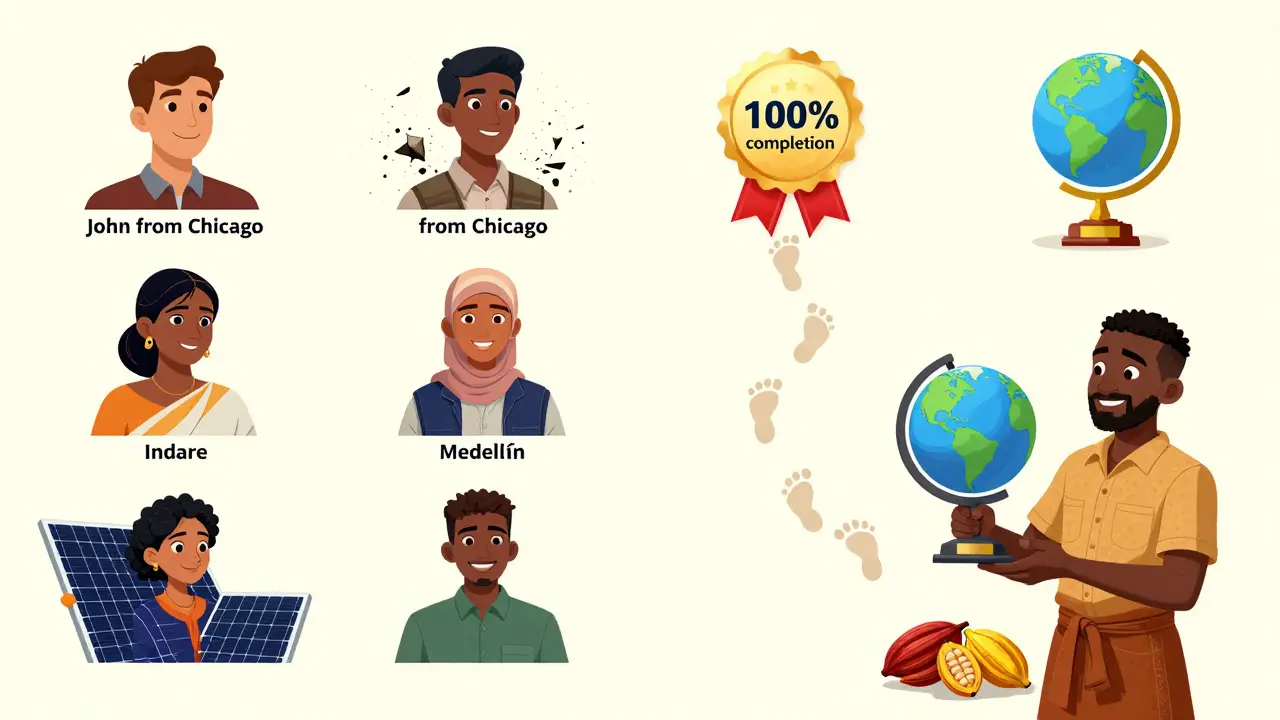 Generic course examples fade away as real learners from India, Colombia, and Ghana appear, their stories seamlessly integrated into the lesson.