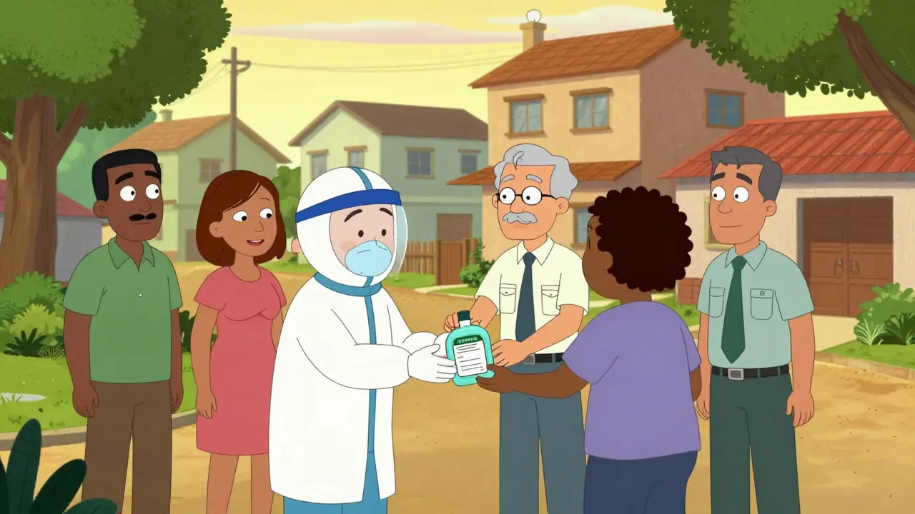 Health workers distributing mosquito repellent during dengue outbreak in neighborhood