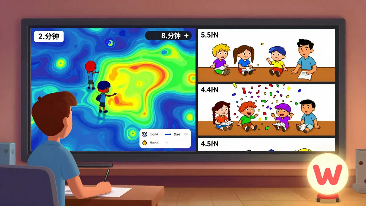 Heatmaps show students struggling with a long lecture, then happily completing shorter videos after content is optimized.