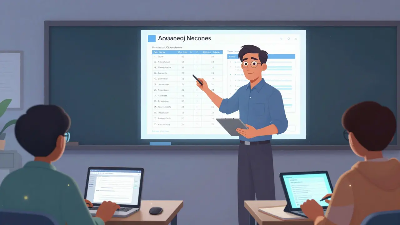 High school teacher analyzing student progress on Canvas with students working on projects offline.