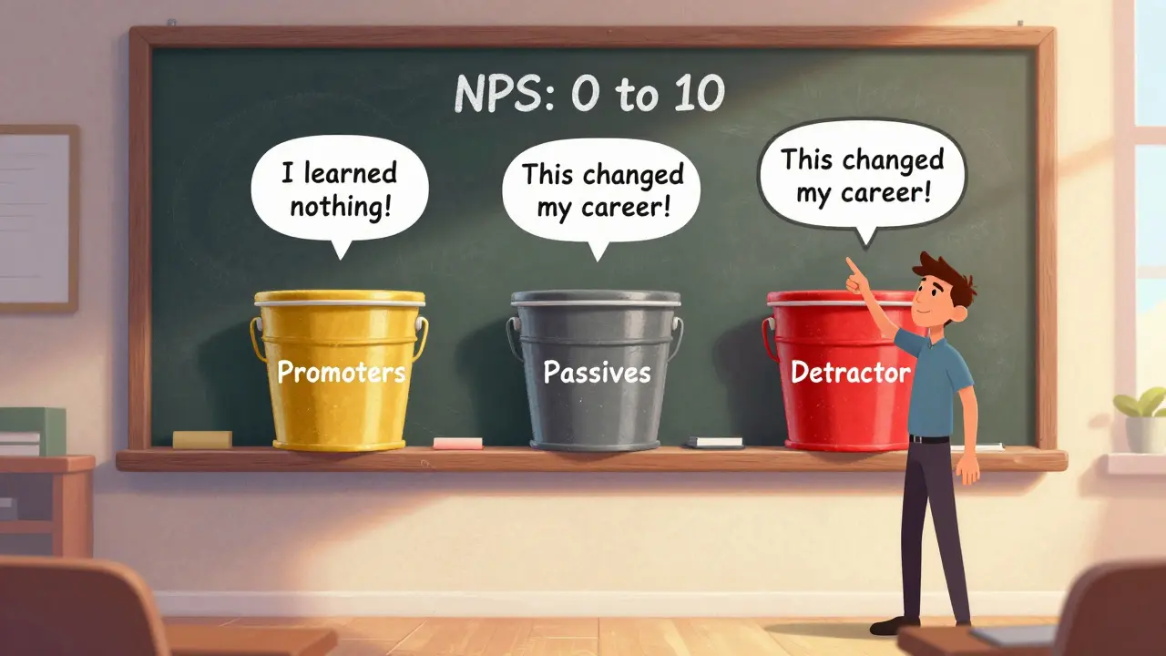 Instructor explaining NPS categories with colorful buckets and speech bubbles showing learner feedback.
