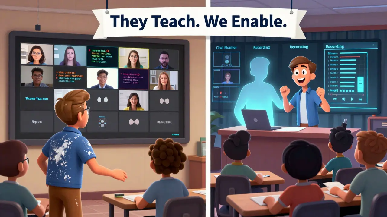 Split scene: one side shows a stressed instructor with tech problems, the other shows the same instructor teaching smoothly thanks to a hidden producer.