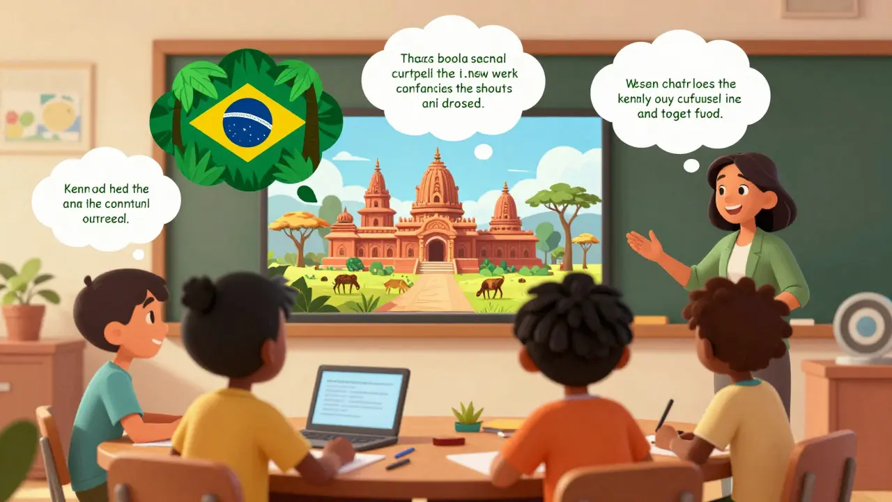 Students in online discussion with cultural thought bubbles and engaged teacher.