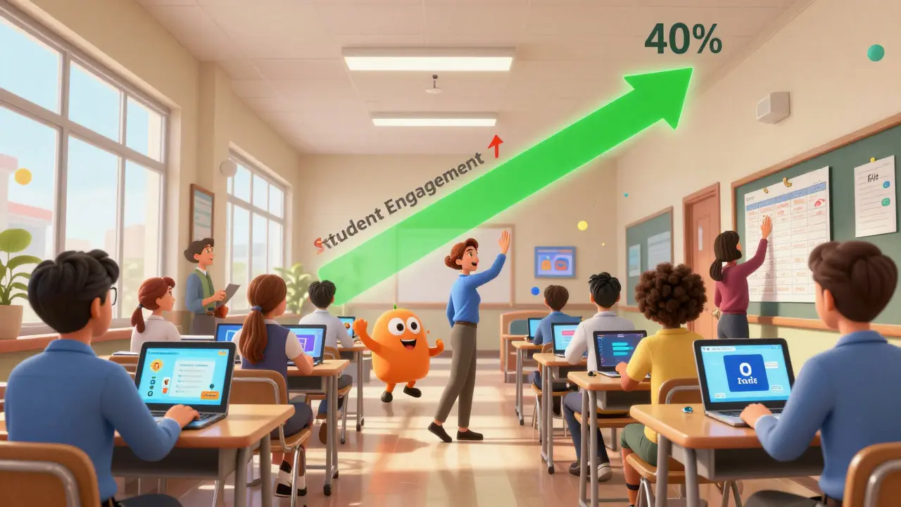 Teachers in a school hallway engage with animated PD tools and mentor each other, as a progress bar rises showing improved student engagement.