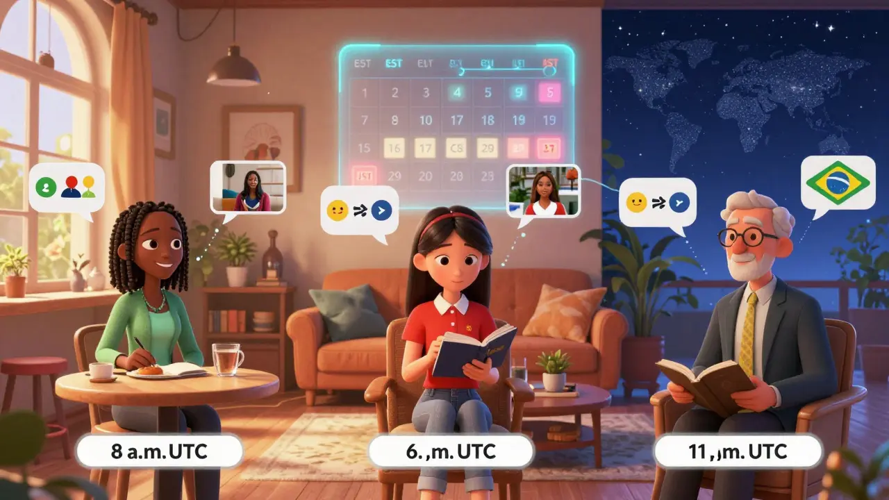 Three live Q&amp;A sessions happening at different times across continents, each led by a local facilitator with a rotating global clock nearby.