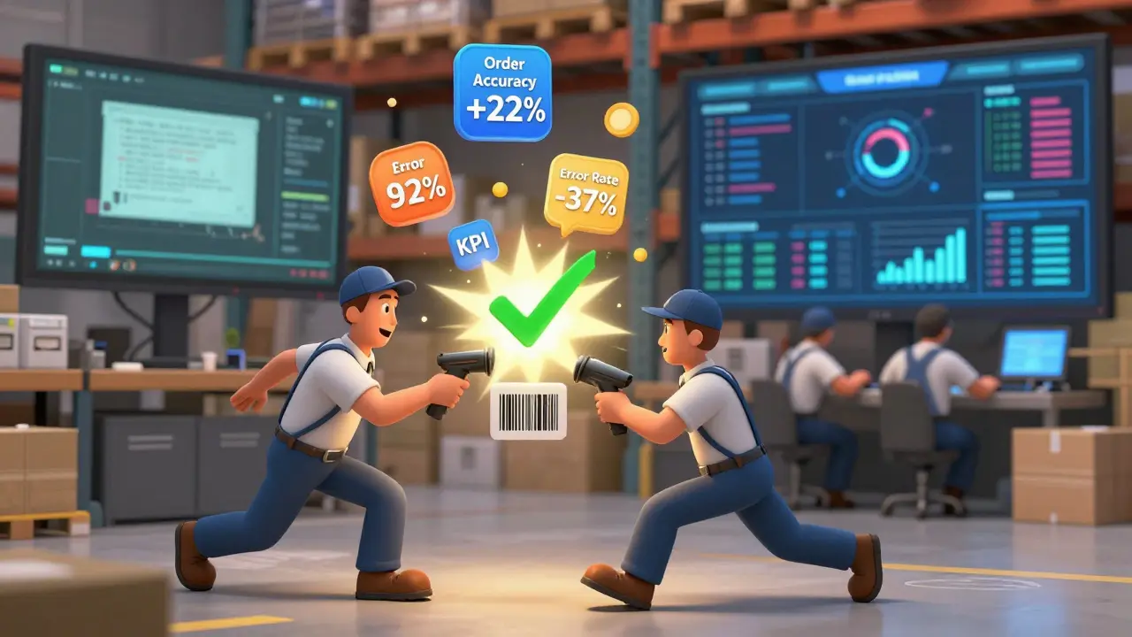 Warehouse workers scanning barcodes as accuracy improves, with KPIs glowing around them.