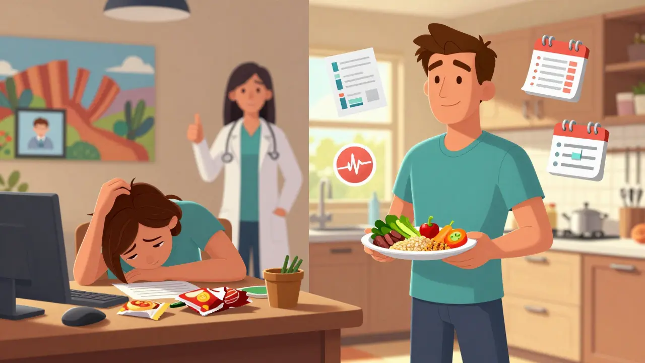 A client transforms from stressed with junk food to confident with a balanced meal, supported by a dietitian and health icons.