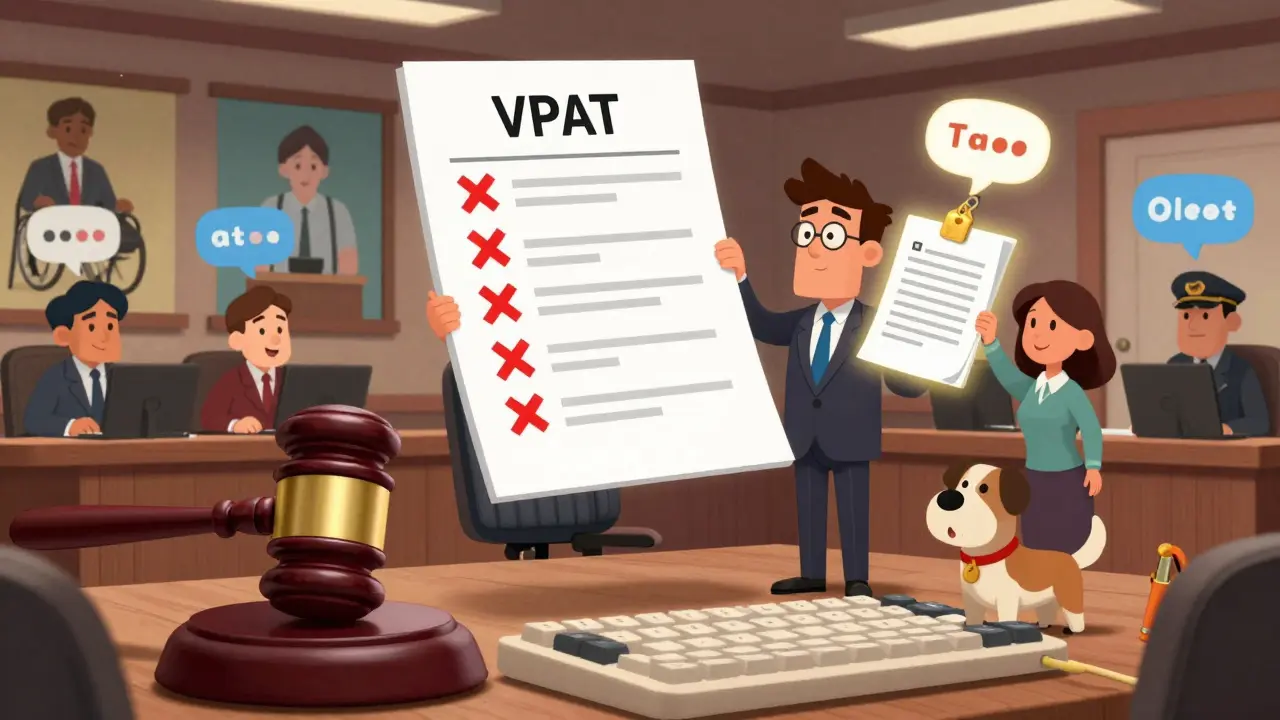 A courtroom with accessibility icons as jurors, a defendant facing a flawed VPAT form, and a plaintiff holding a tagged PDF.