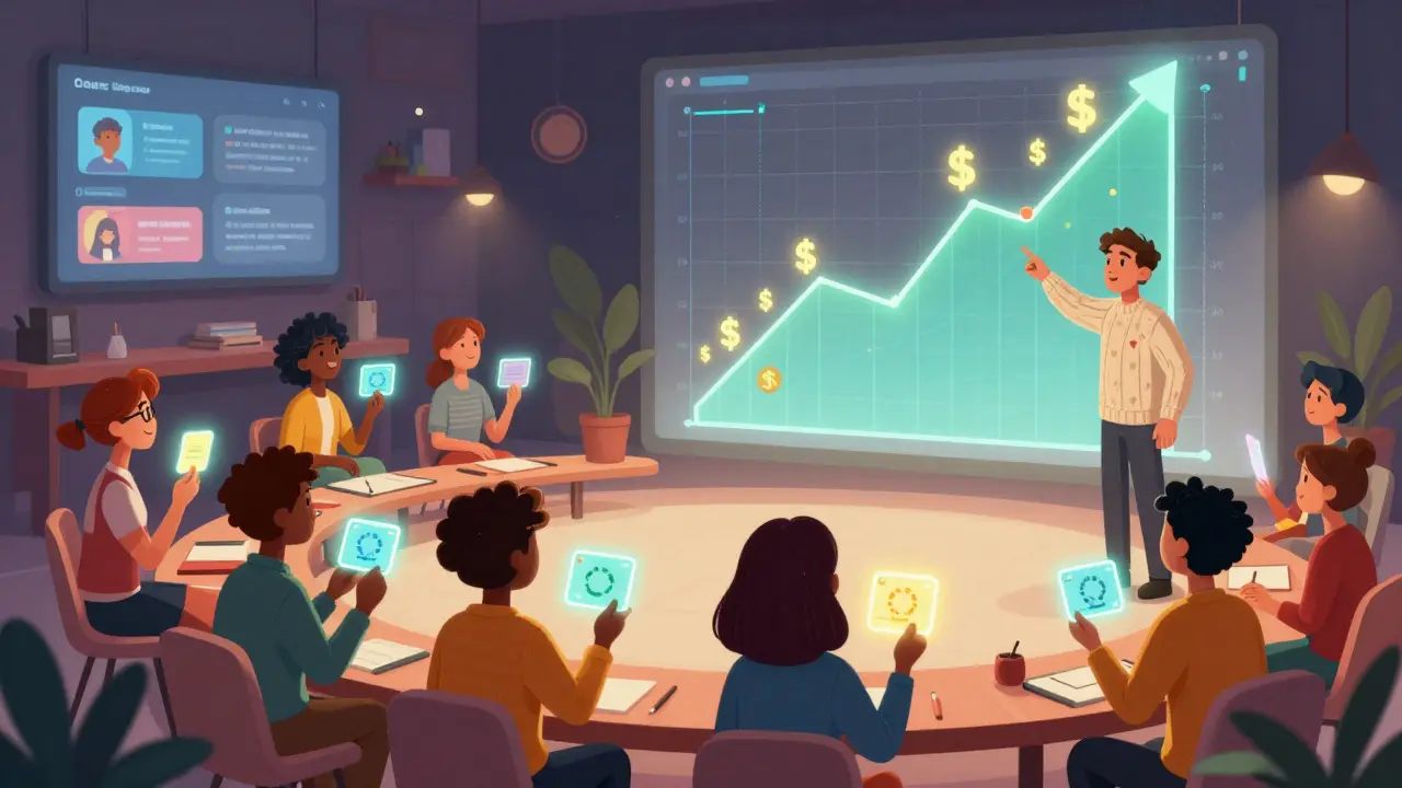 A digital community of learners with glowing membership cards and a rising income graph.