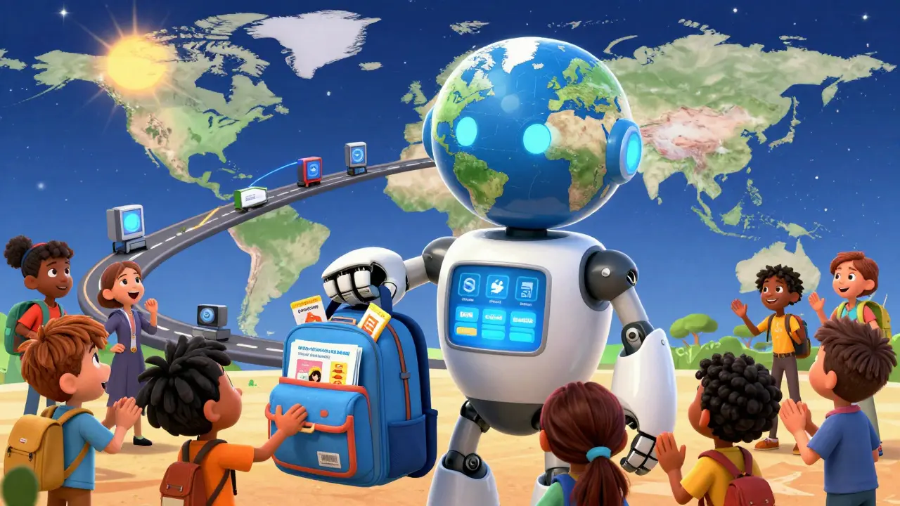 A friendly globe-headed robot distributing offline learning packs to people across the world.
