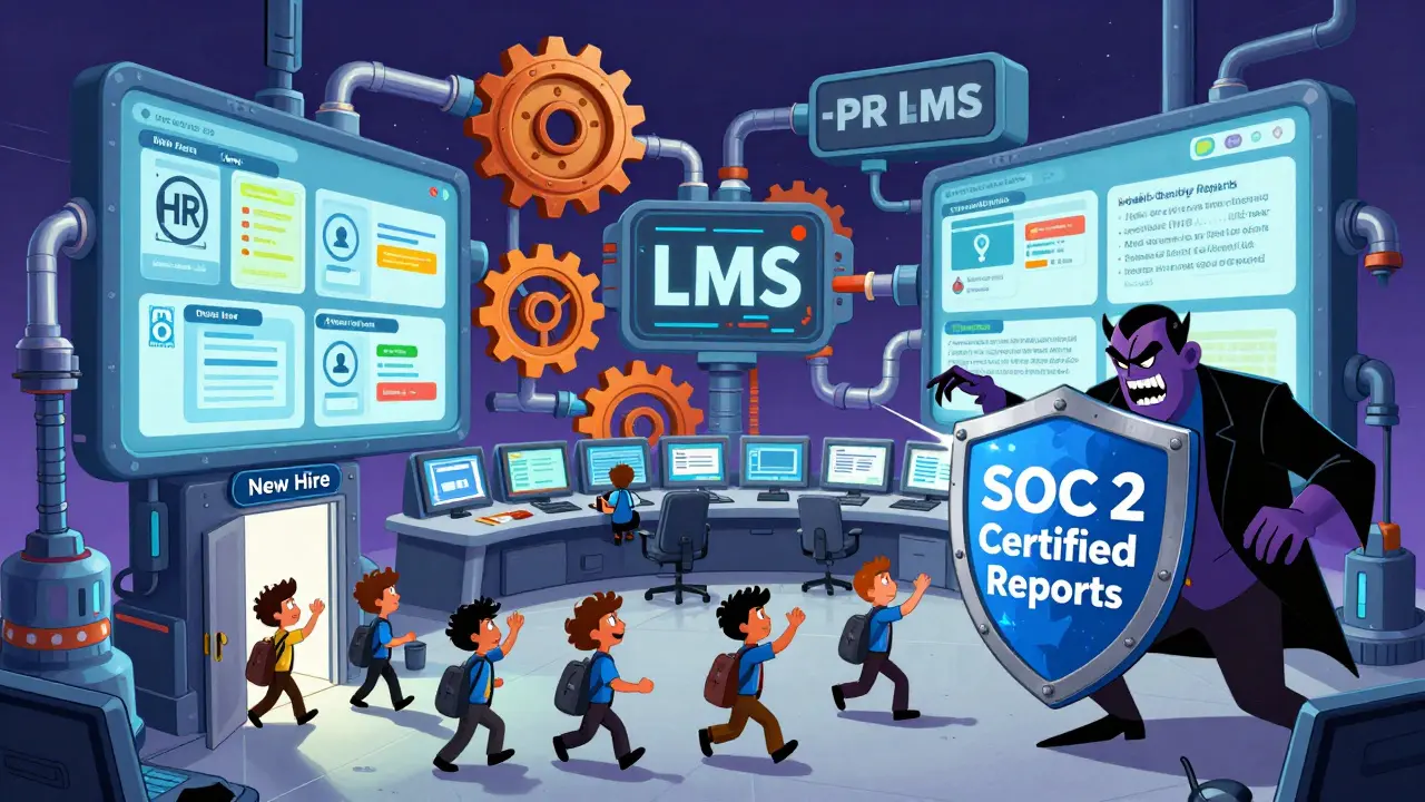 A futuristic LMS dashboard connects HR systems to training, defeating a glitchy villain with a shield labeled 'SOC 2 Certified' and audit-ready reports.