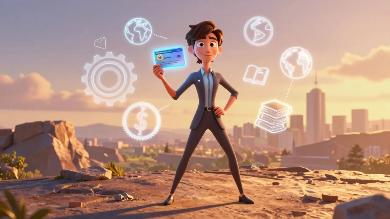 A graduate holds credentials near a city skyline