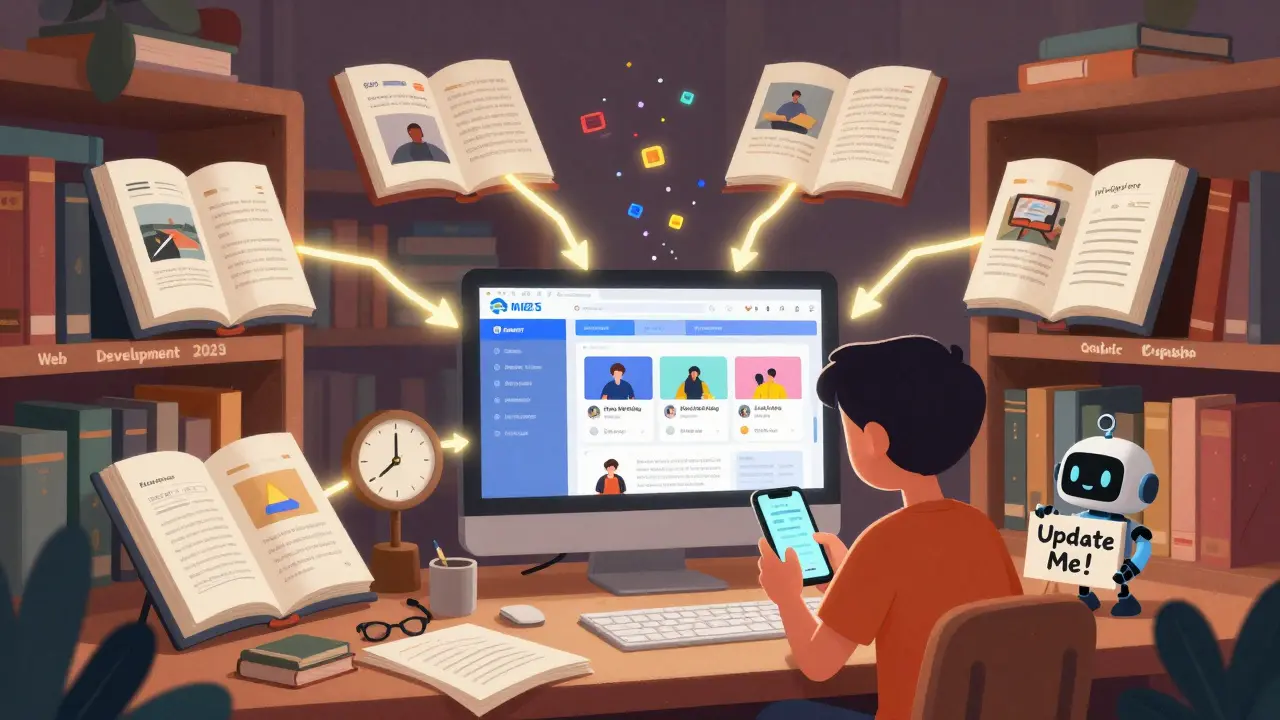 A library of educational topics with glowing blog posts linking to a central course page, and a clock updating from 2023 to 2026.