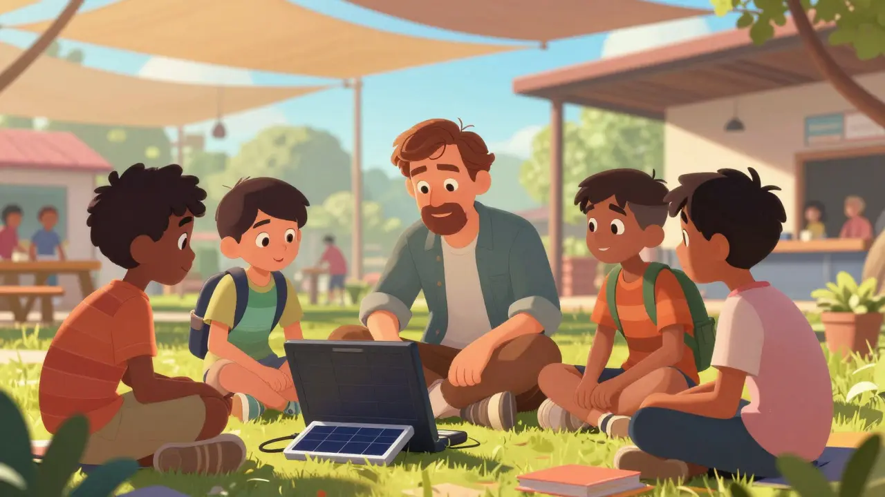 A mentor teaches students at an outdoor community hub