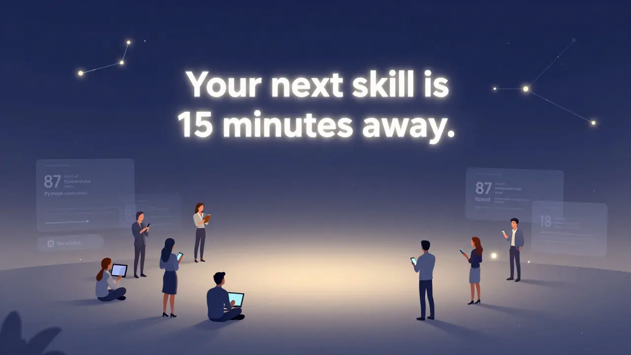 A minimalist ad banner in the sky with a simple message, watched by people on devices below in DreamWorks style.