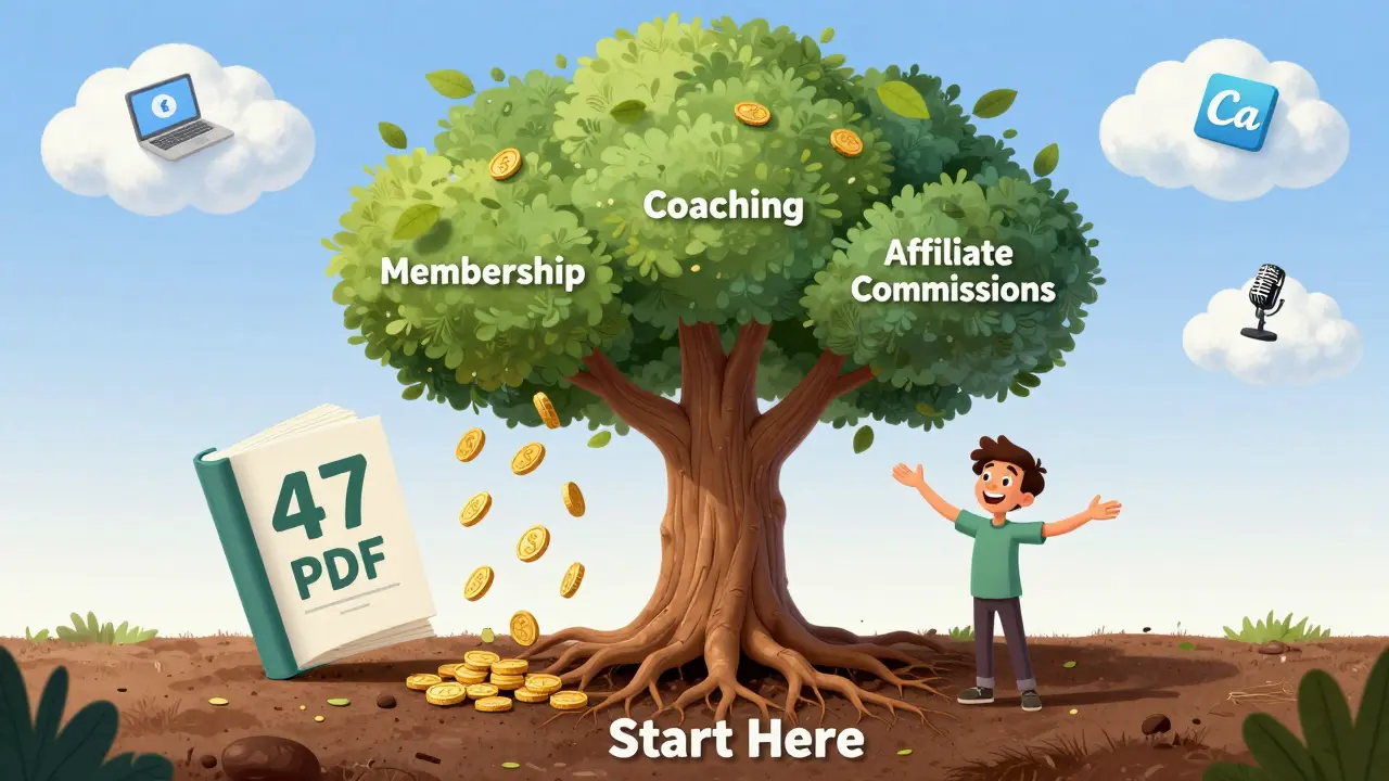 A  PDF turning into a tree of income streams with coins raining from its branches.